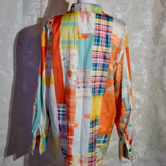 Artisan Multi-Color Patchwork Plaid Floral Button-Up Shirt Blouse L - Picture 2 of 5